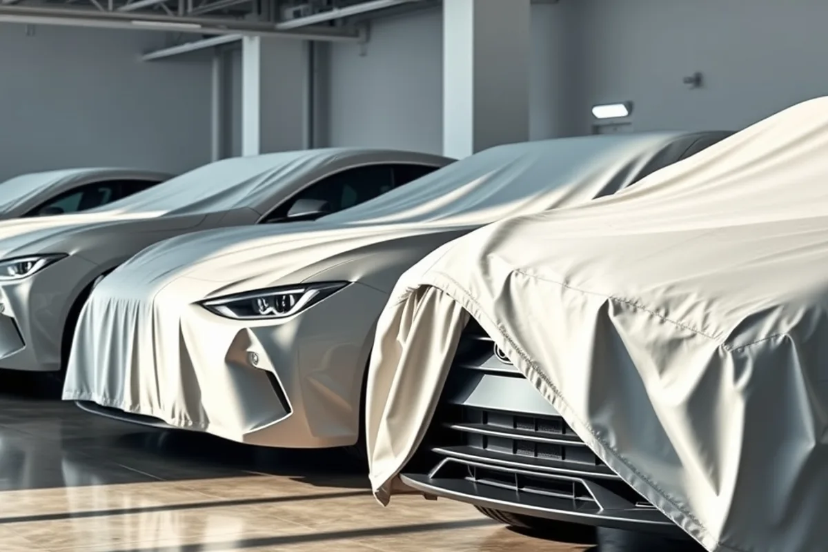 New cars under soft covers in a bright showroom