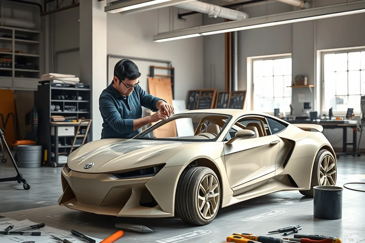Automotive designer shaping a full-size clay model