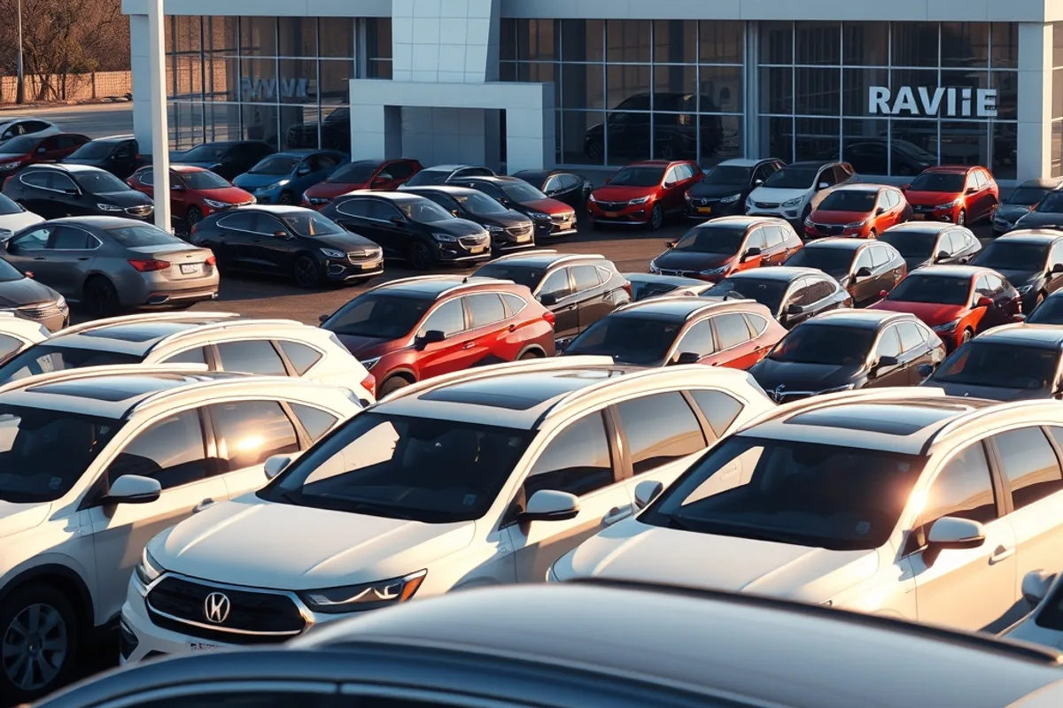 Dealership lot with rows of new SUVs and sedans