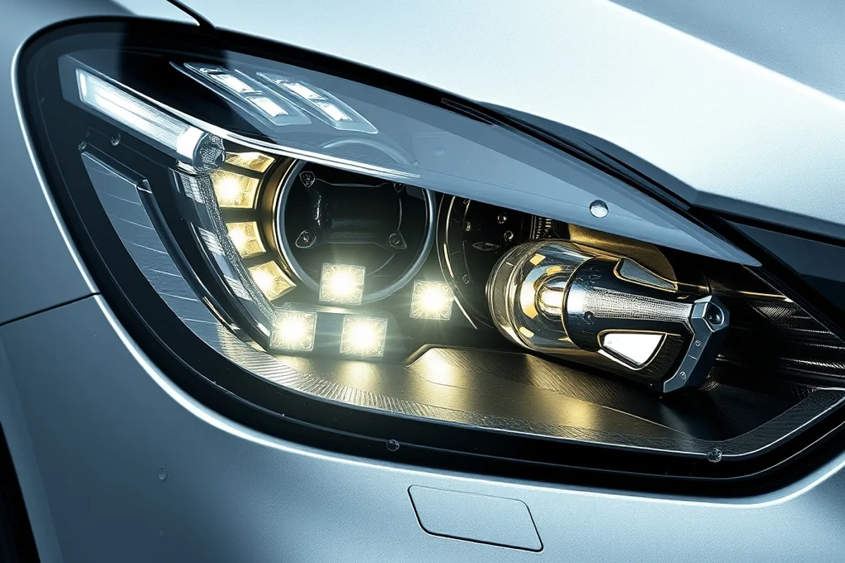 Close-up of a modern LED headlight and bumper
