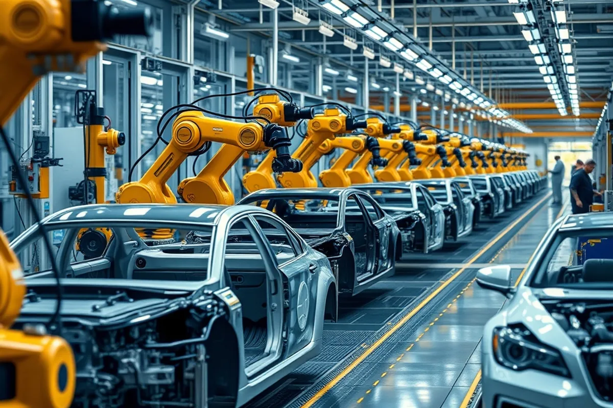 Car assembly line with robotic arms