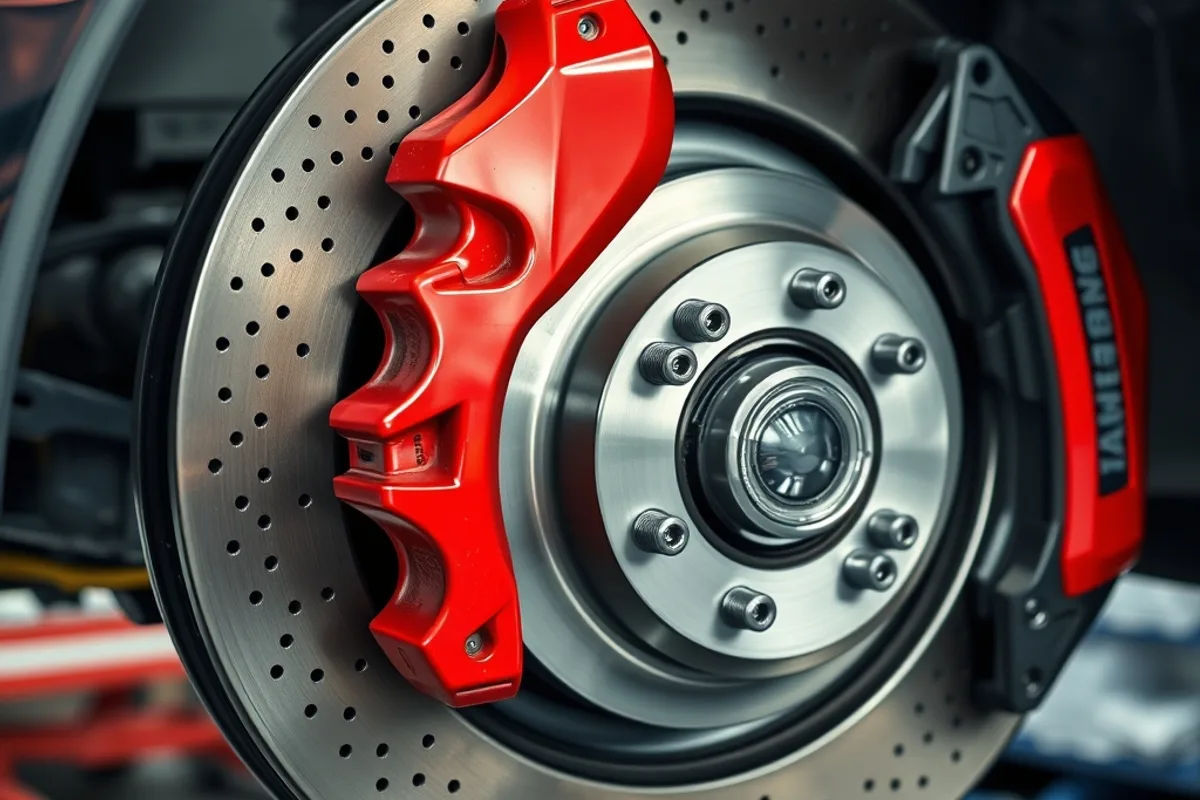 Car brake disc and caliper with the wheel removed in a workshop