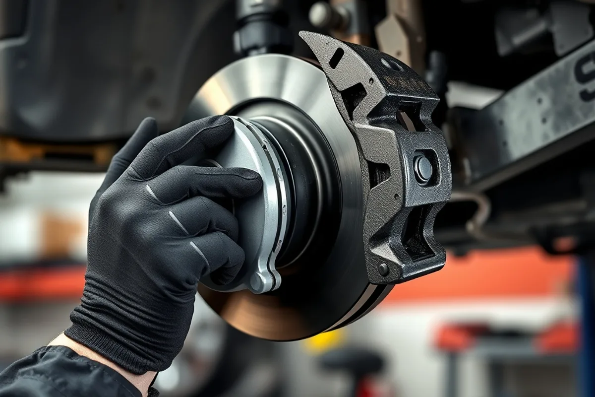 Mechanic fitting a new brake pad into a caliper