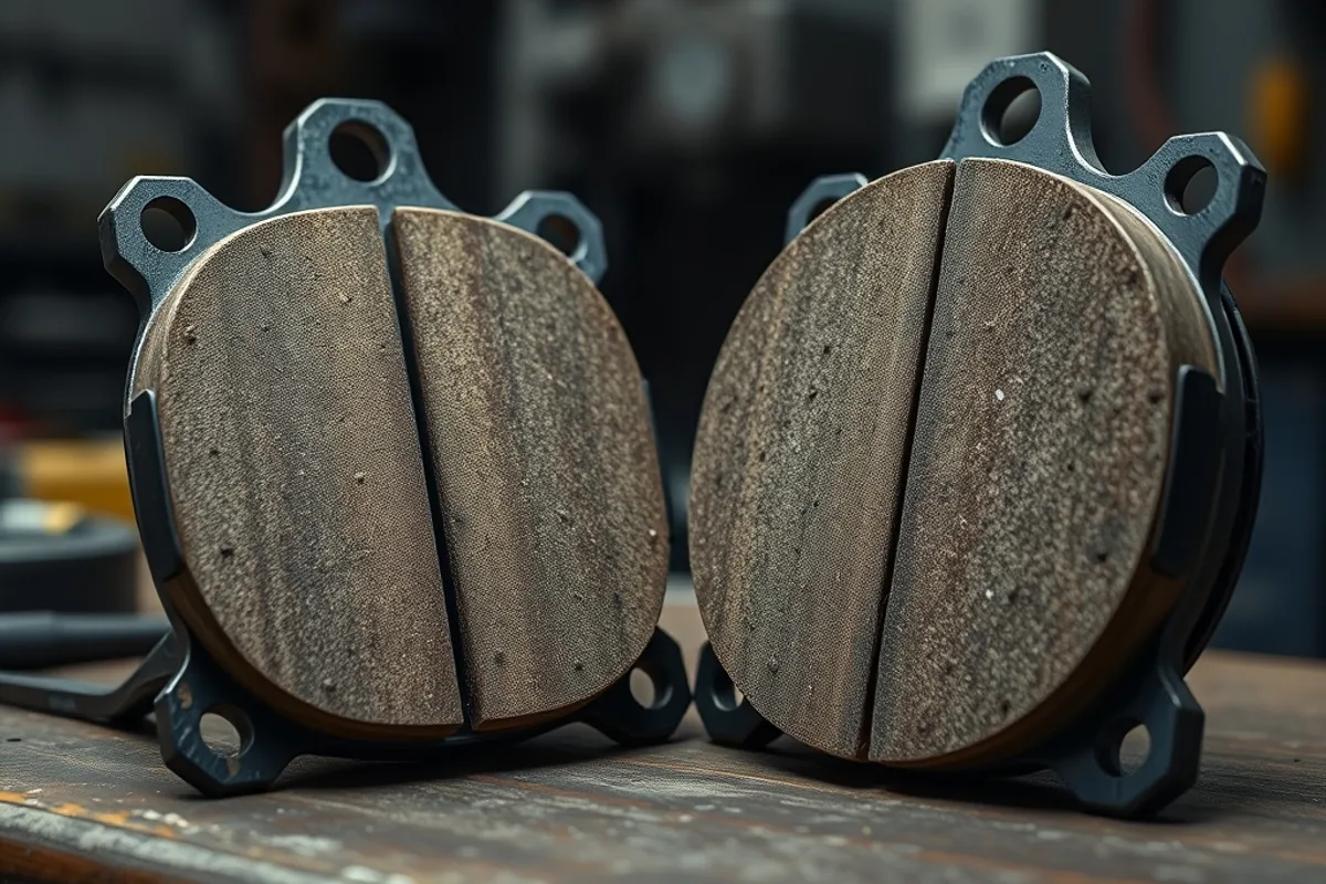 Worn brake pad beside a new one on a workbench