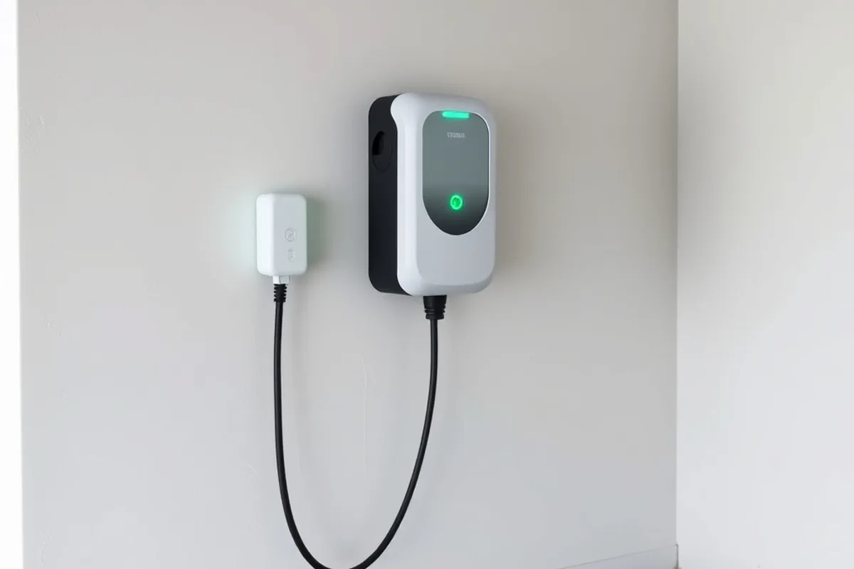 White wall-mounted EV charger on a clean garage wall