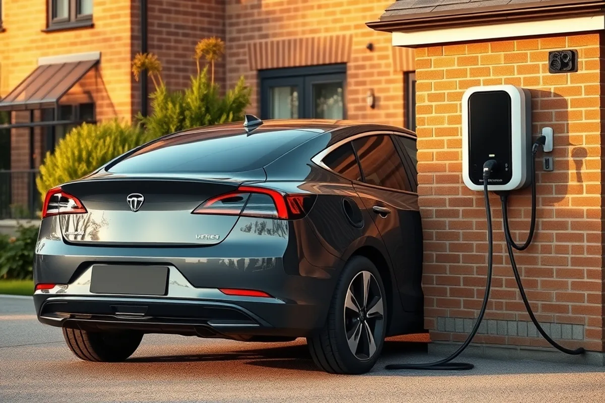 Electric car plugged into a home wallbox in a driveway
