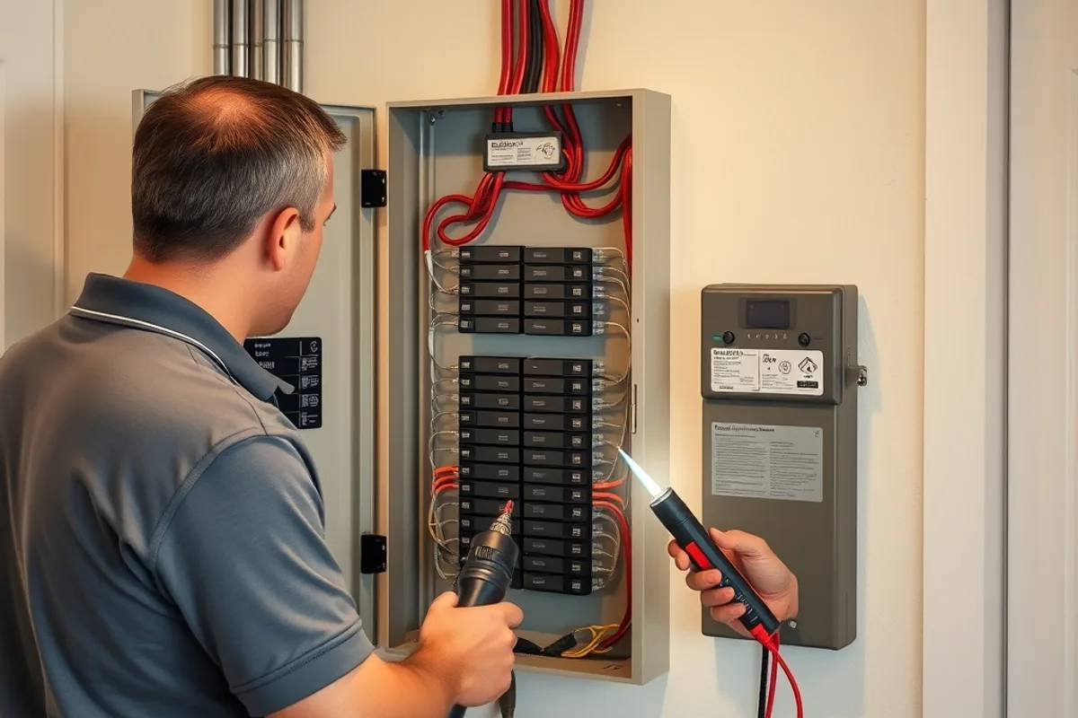 Electrician inspecting a residential electrical panel
