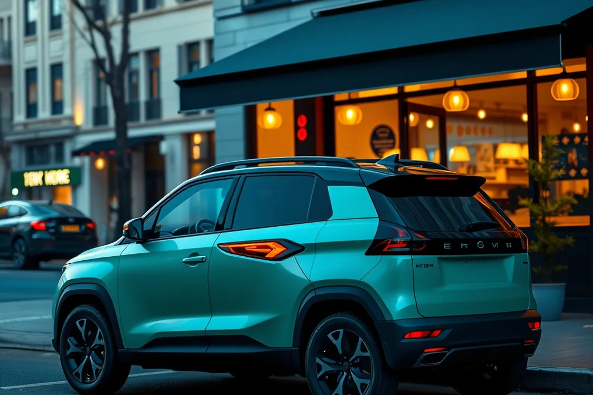 Compact electric SUV in sage green parked beside a city cafe at blue hour
