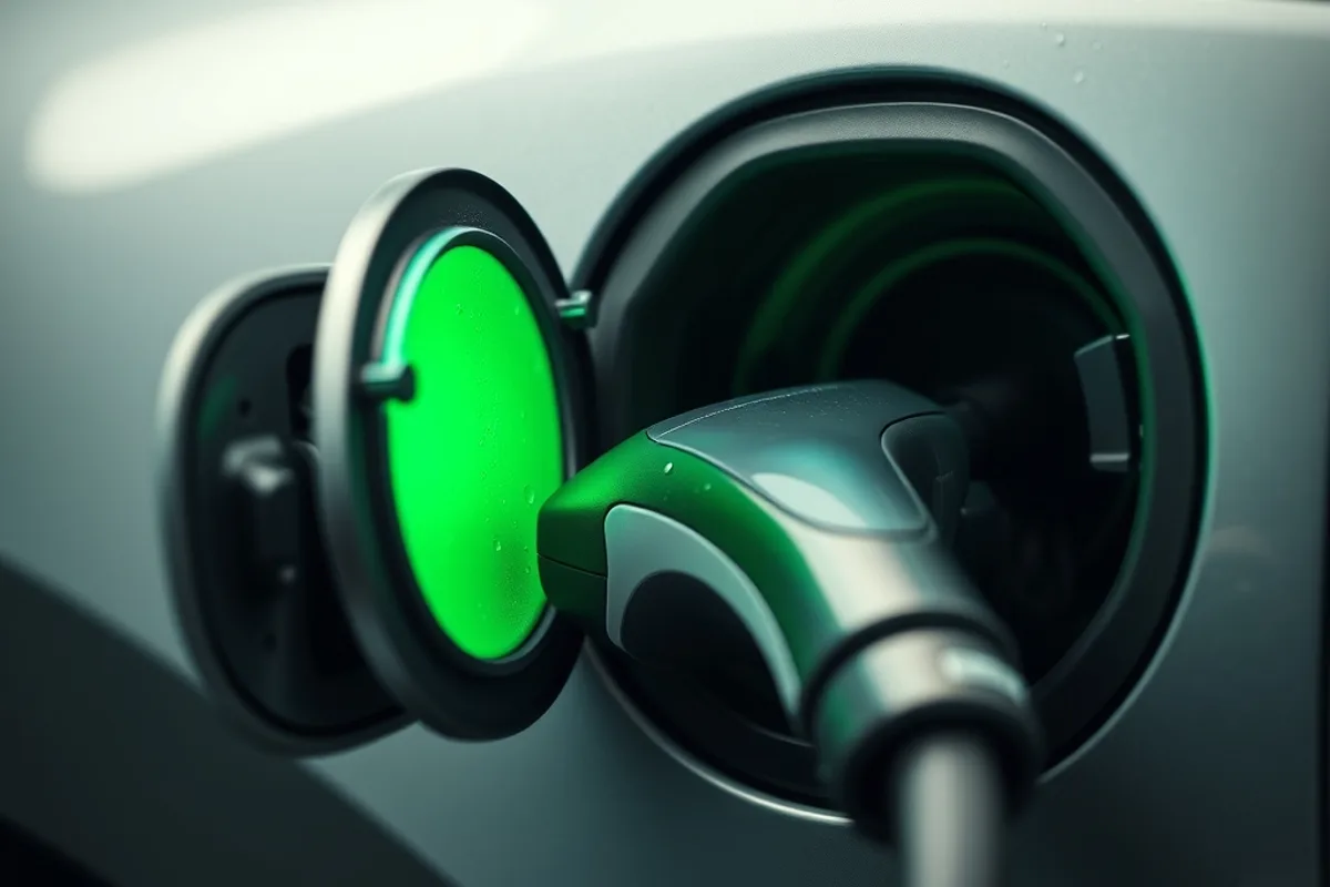 Close-up of an electric car charging port with a cable plugged in