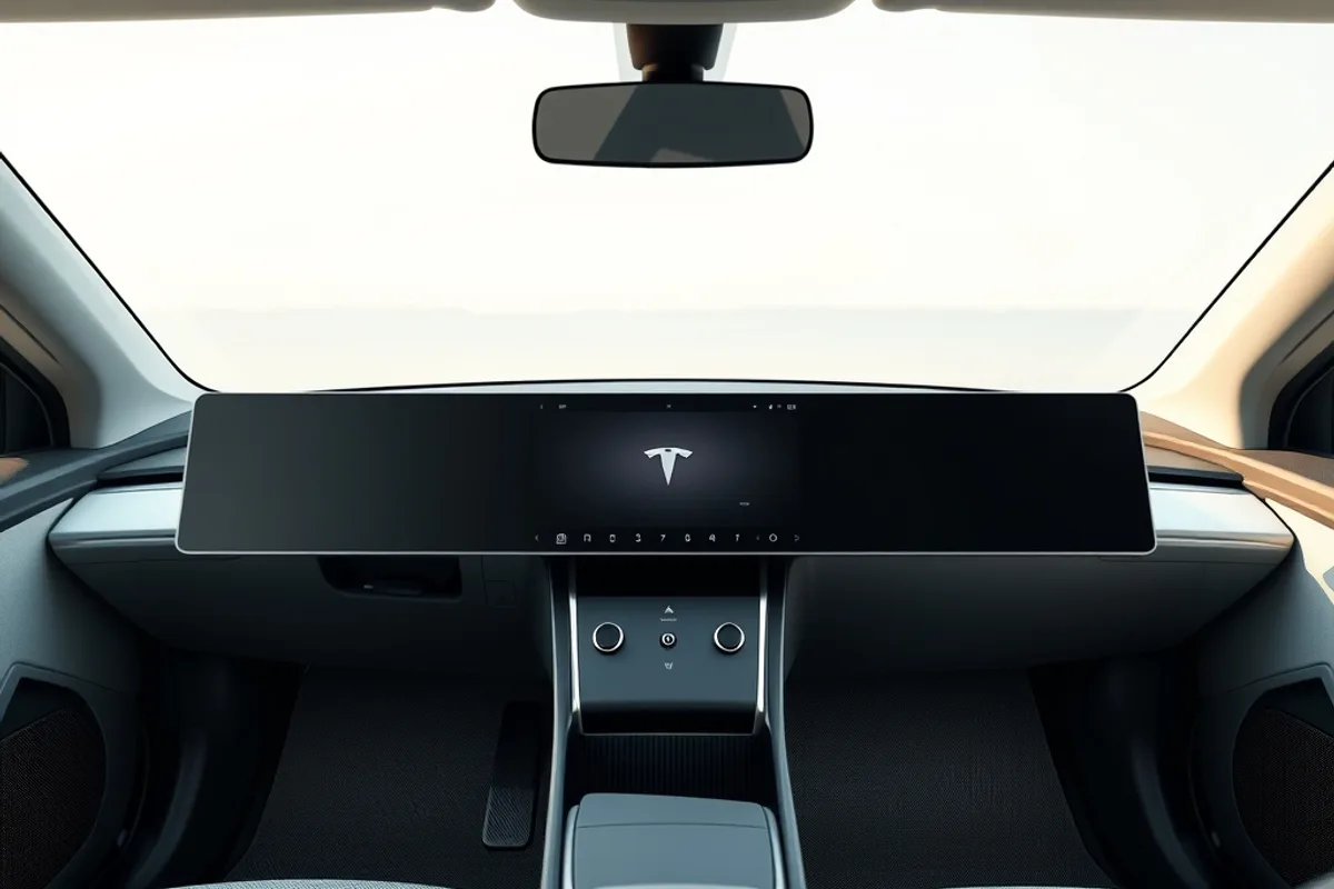 Minimalist electric car dashboard with a wide dual-screen display
