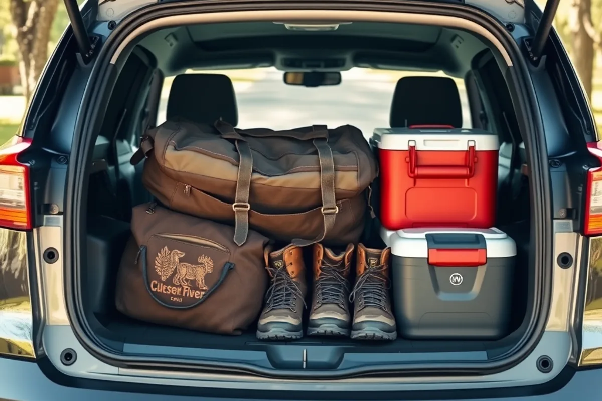 Rear cargo area of a small electric SUV packed for a weekend trip