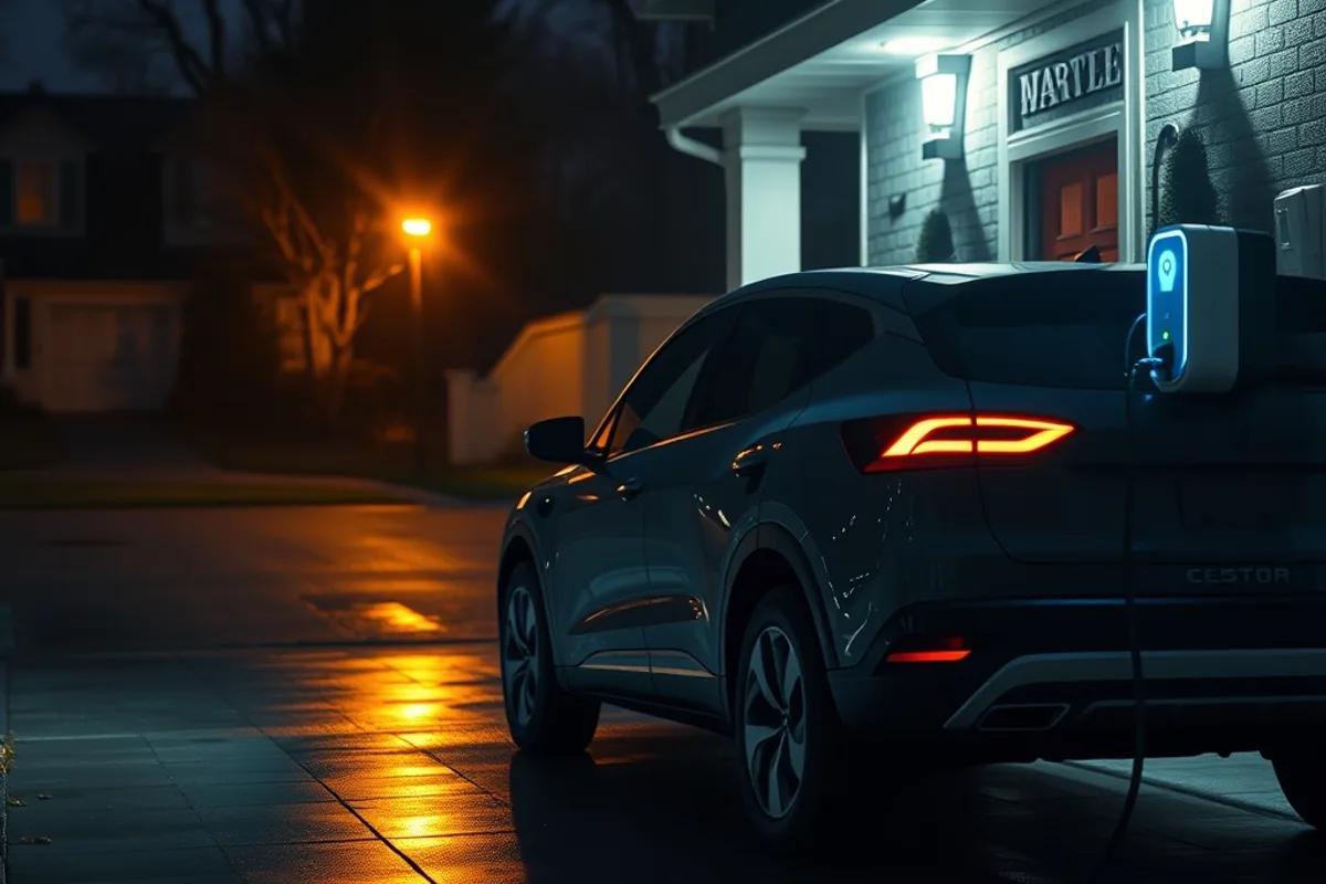 Small electric SUV charging in a residential driveway at night
