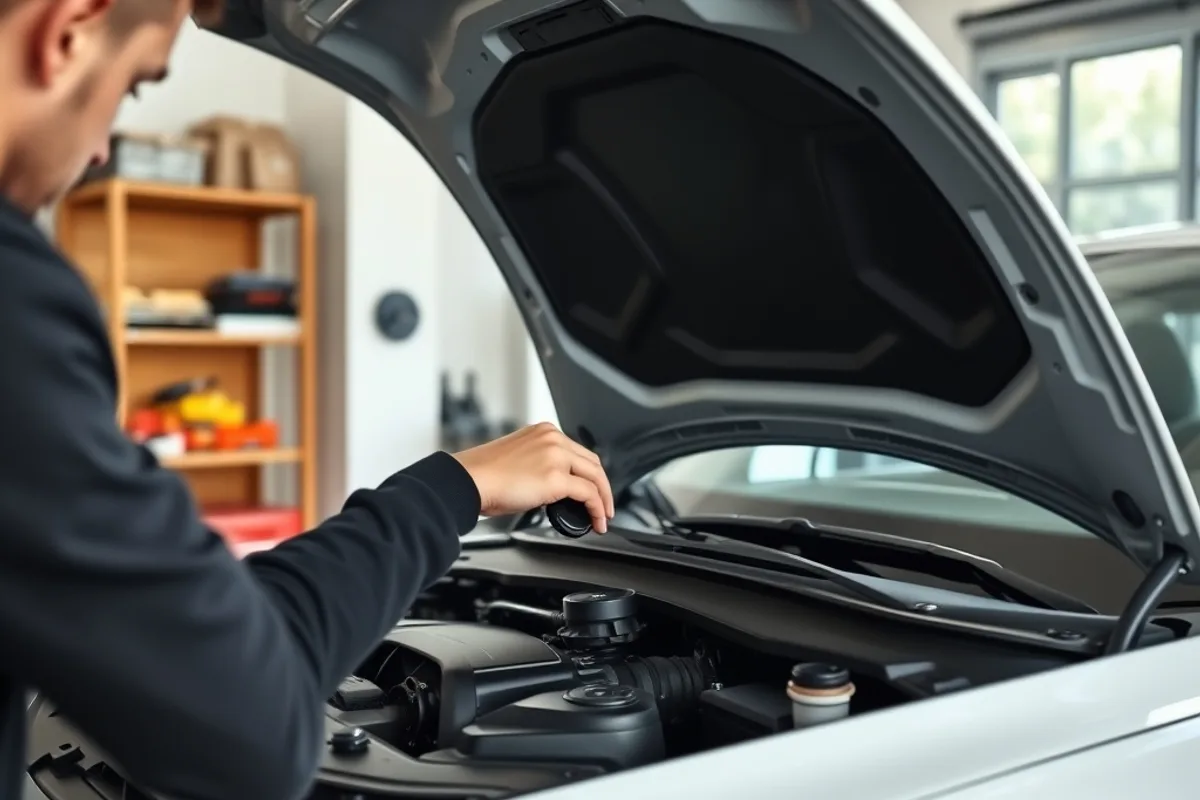Person checking under the bonnet of a car in a clean home garage