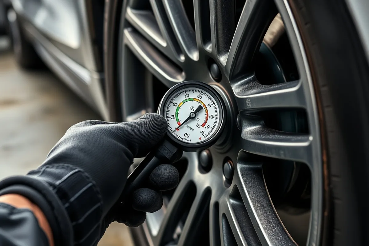 Handheld tire pressure gauge attached to a car valve