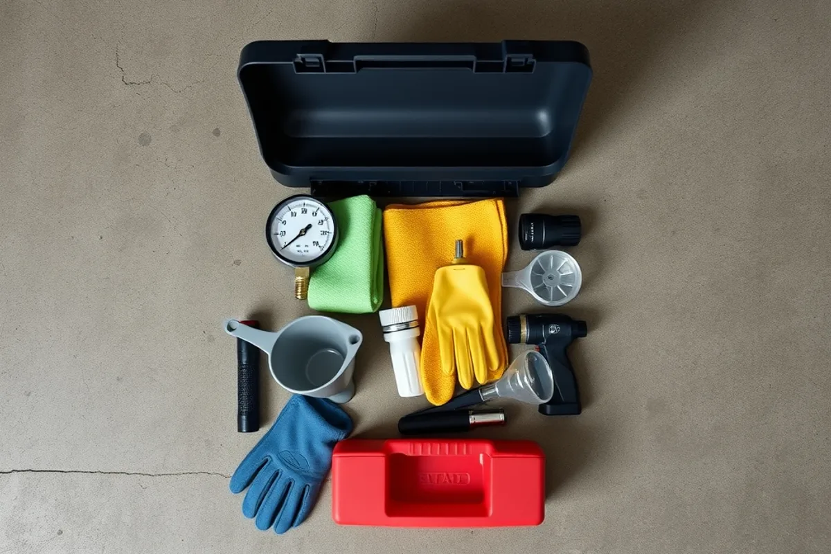 Car maintenance kit laid out on a garage floor