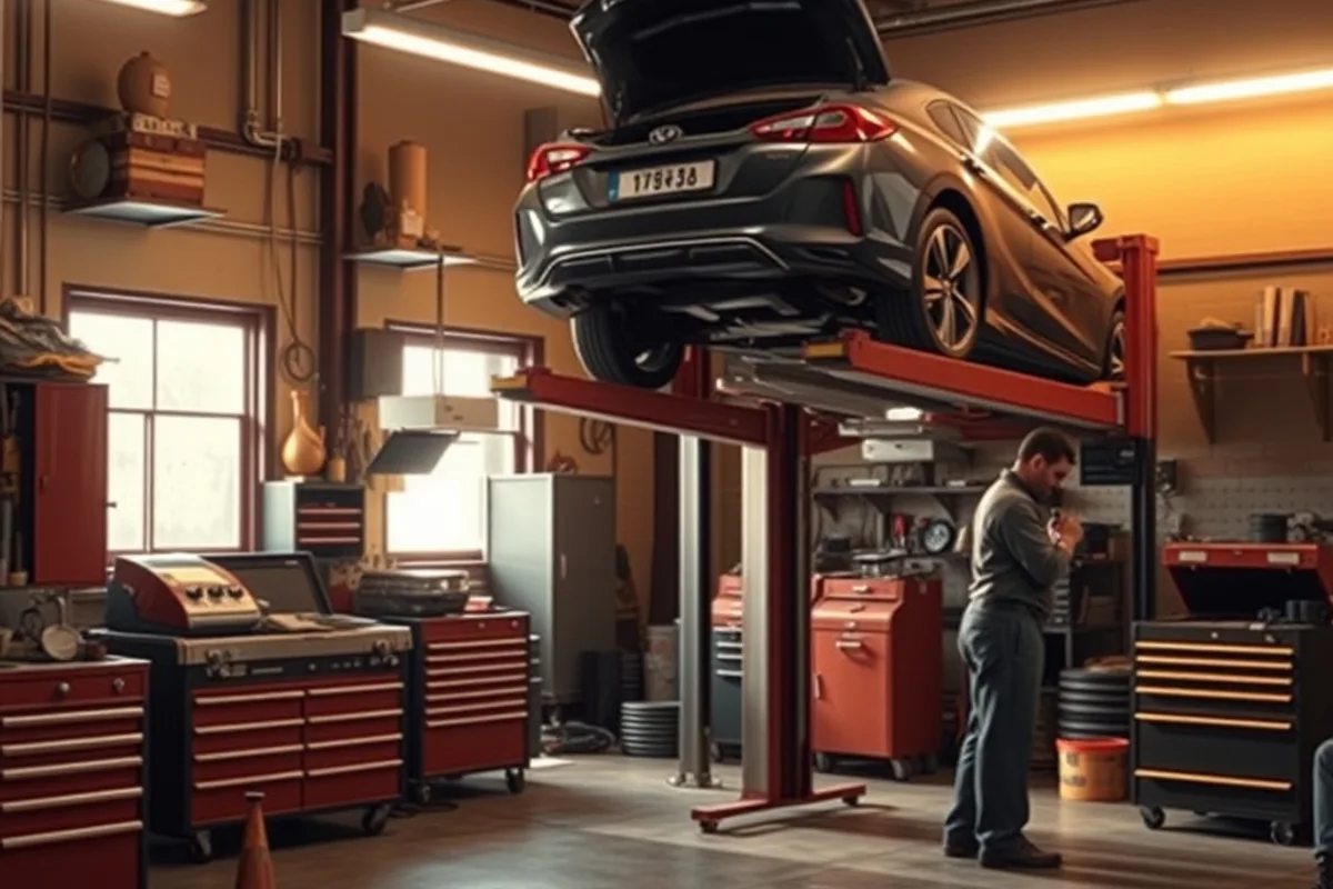 Independent repair workshop with a car on a lift