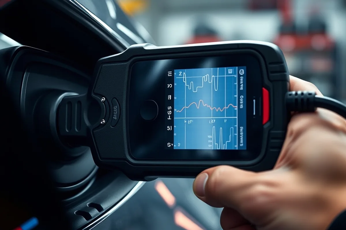 Handheld OBD2 diagnostic scanner plugged into a car