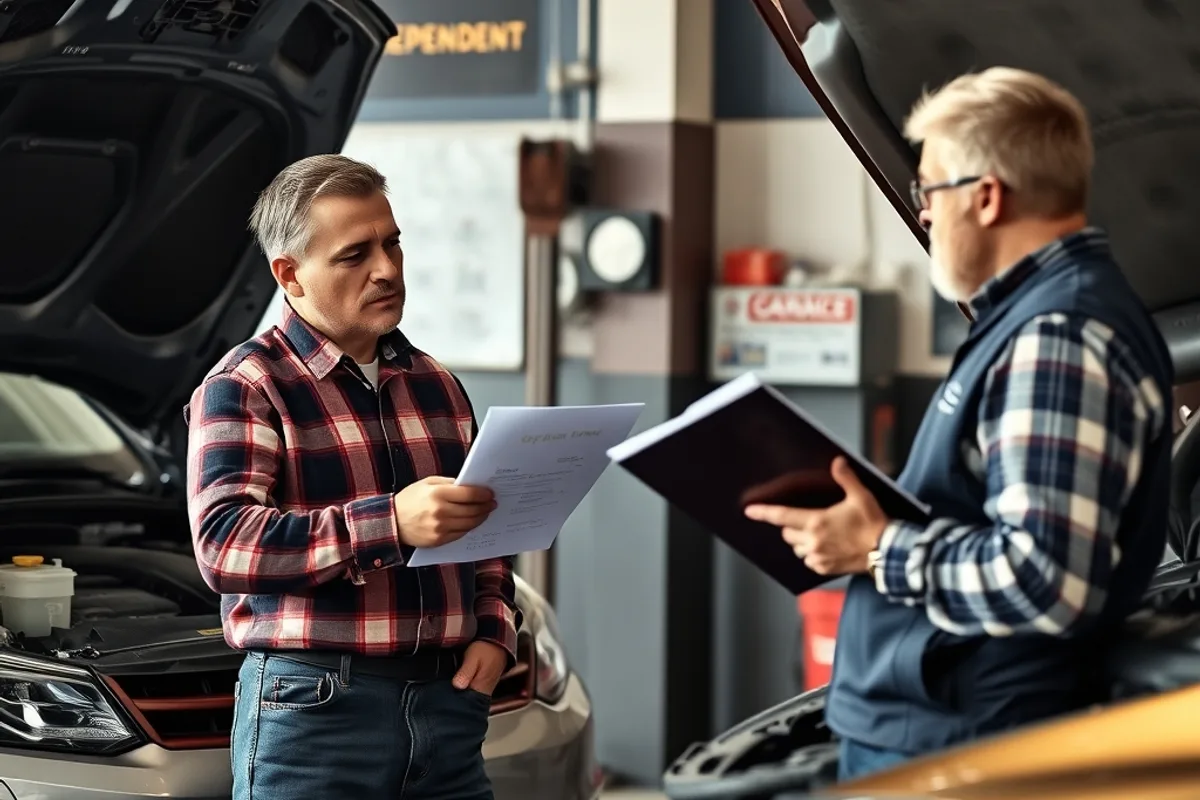 Mechanic and customer discussing a repair beside a car