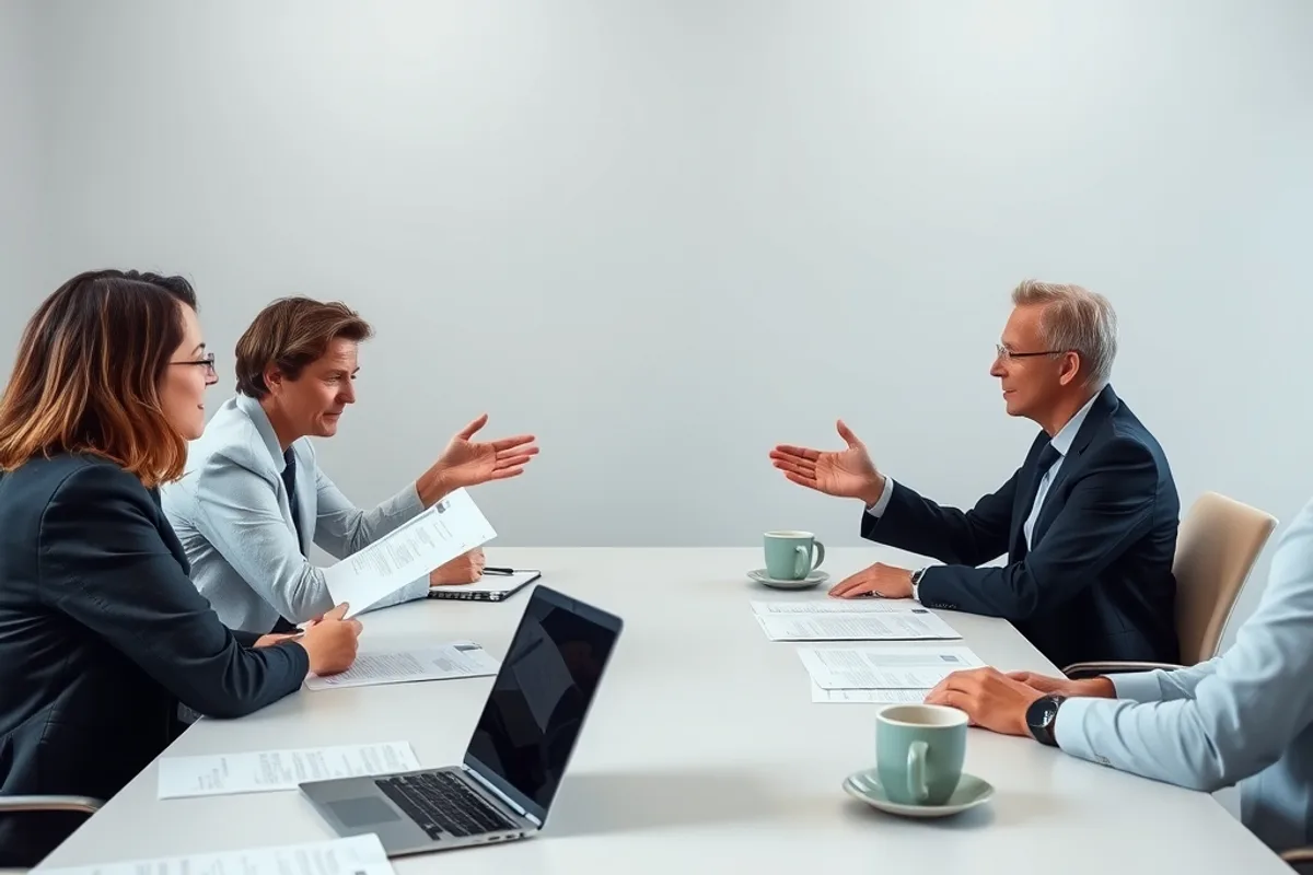 Policy discussion at a meeting table with documents and laptops