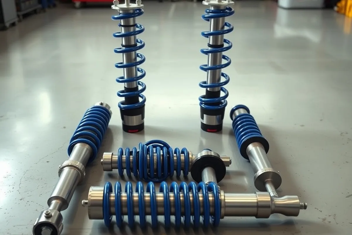 Coilover suspension kit laid out on a workshop floor