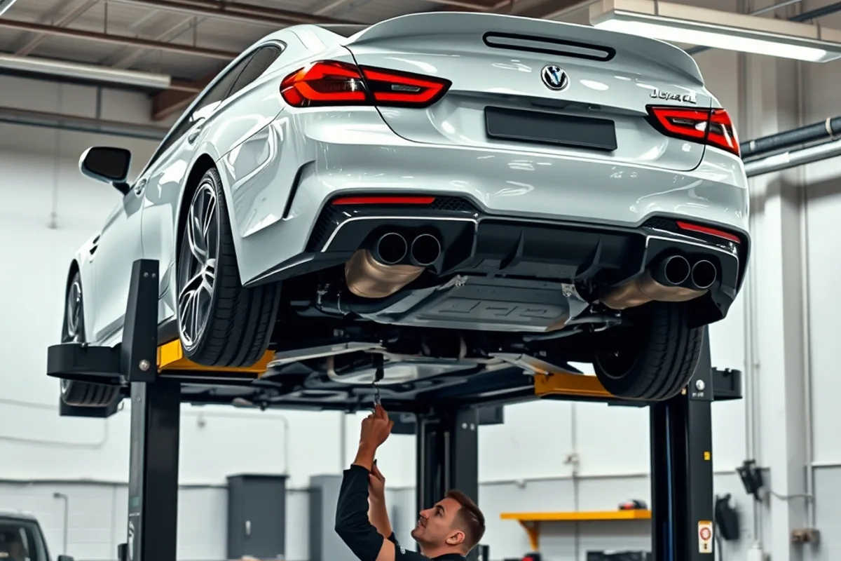 Sports sedan raised on a two-post lift in a clean workshop