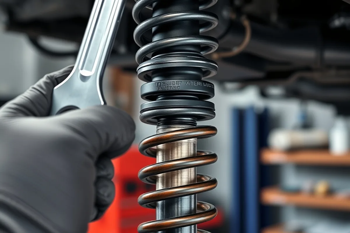 Mechanic adjusting the damping collar on a coilover strut