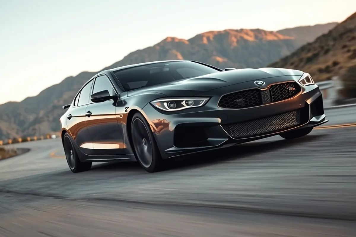 Dark grey sports sedan cornering on a mountain road
