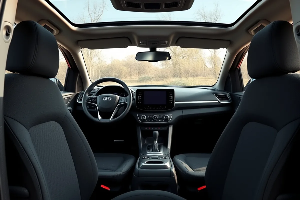 Interior of a compact hybrid SUV with cloth seats and a central touchscreen