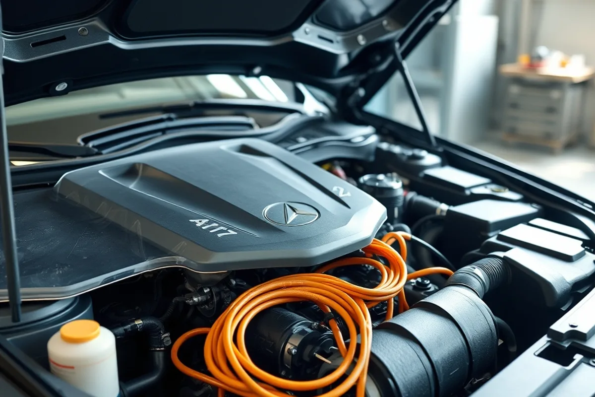 Hybrid engine bay with the bonnet open and orange high-voltage cables