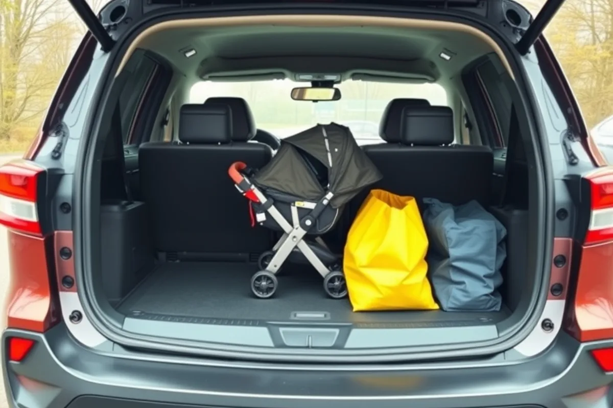 Open cargo area of a compact crossover with folded seats and bags