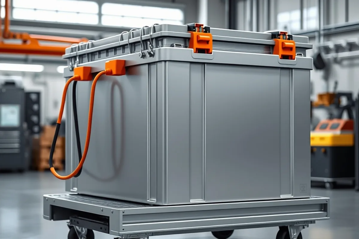 Large electric vehicle battery pack on a workshop trolley
