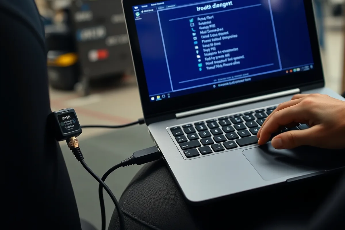 Laptop connected to a car OBD port for diagnostics