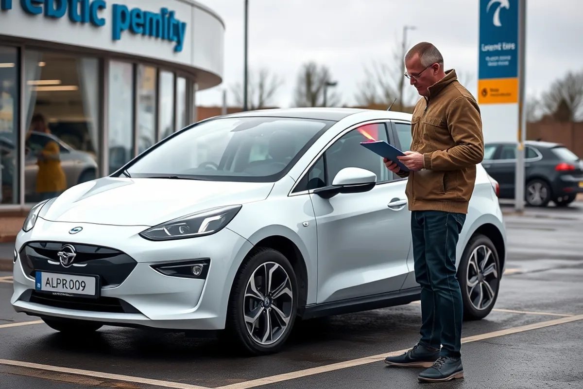 Used electric car being inspected on a dealer forecourt