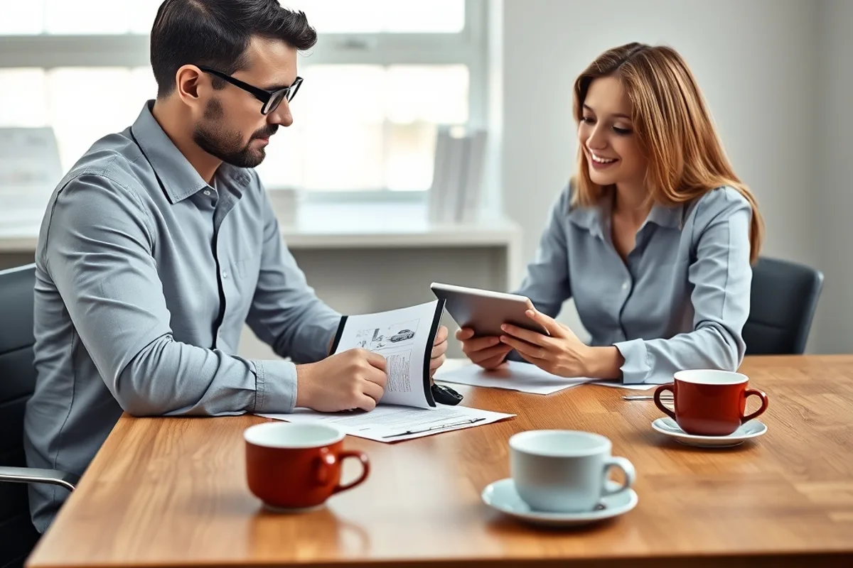 Two people reviewing used-car paperwork at a desk