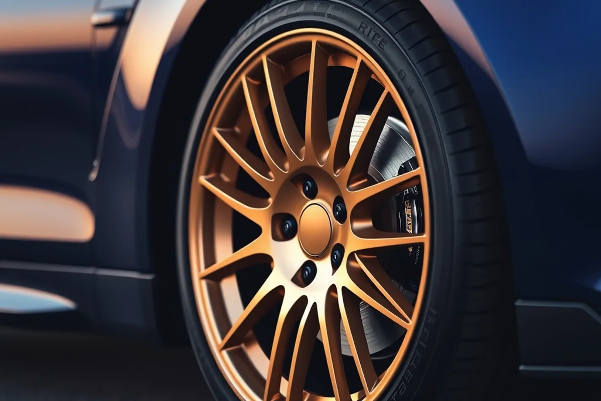 Bronze multi-spoke alloy wheel on a dark blue sports sedan