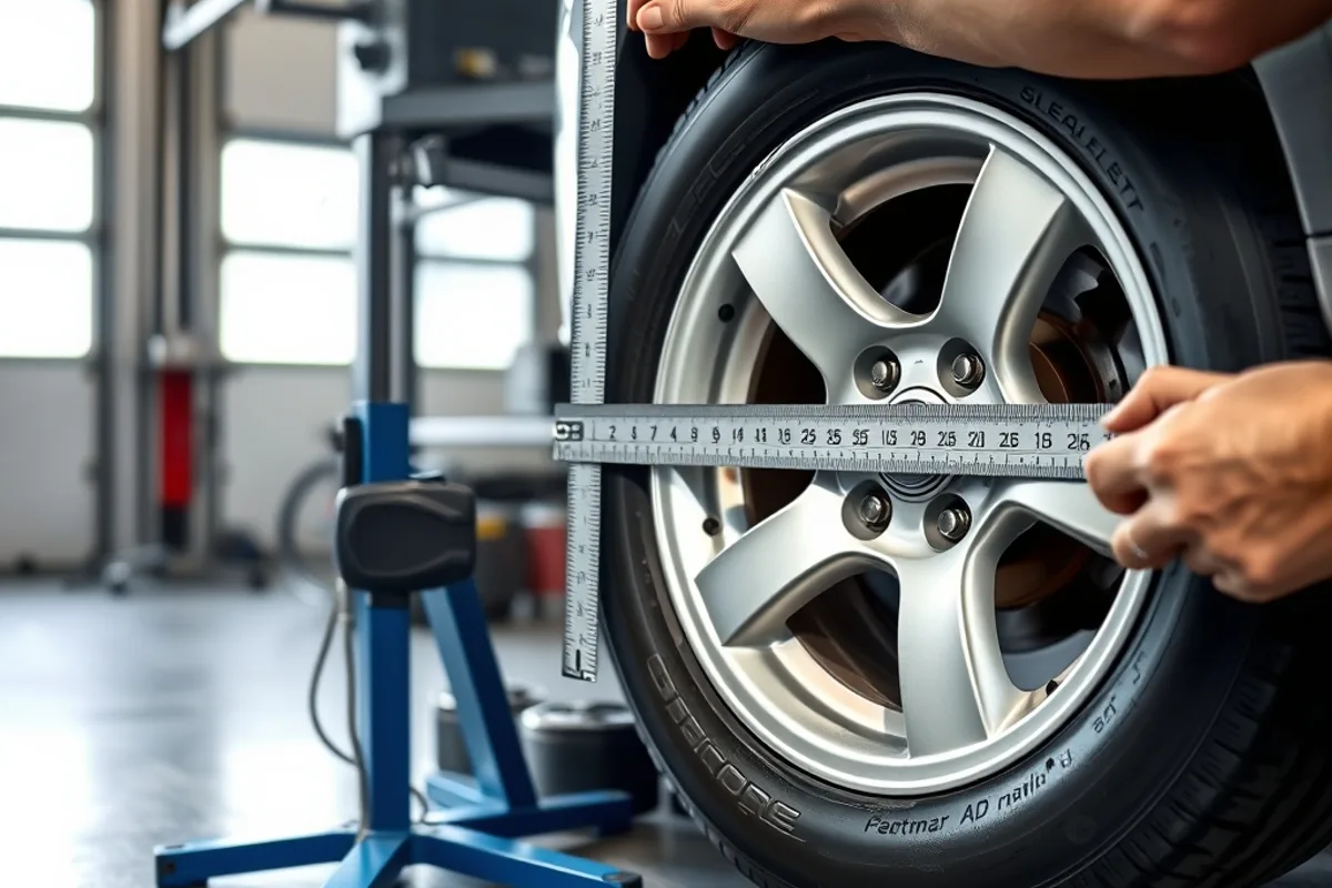 Mechanic measuring wheel offset beside a bare alloy wheel
