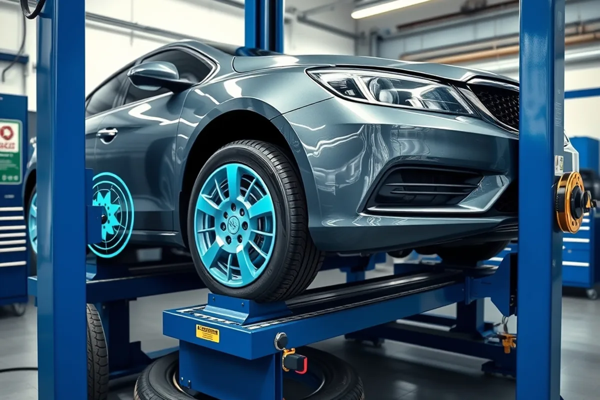 Car on a wheel alignment rack with laser targets