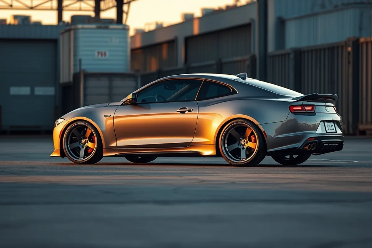 Tastefully modified grey coupe with flush alloy wheels at sunset